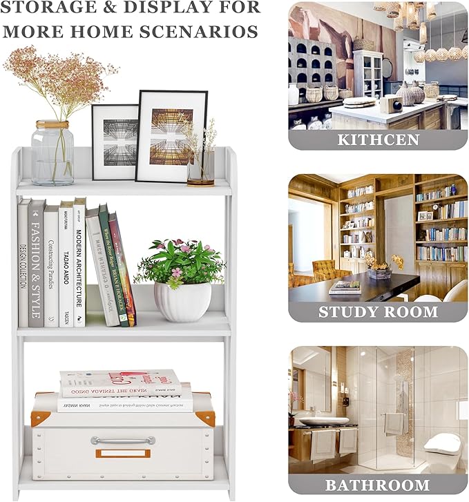 3 Tier End Table Nightstand White, Small Bookshelf with Open Shelf, Narrow Side Table Bedside Table for Bedroom, Living Room, Office, Bathroom