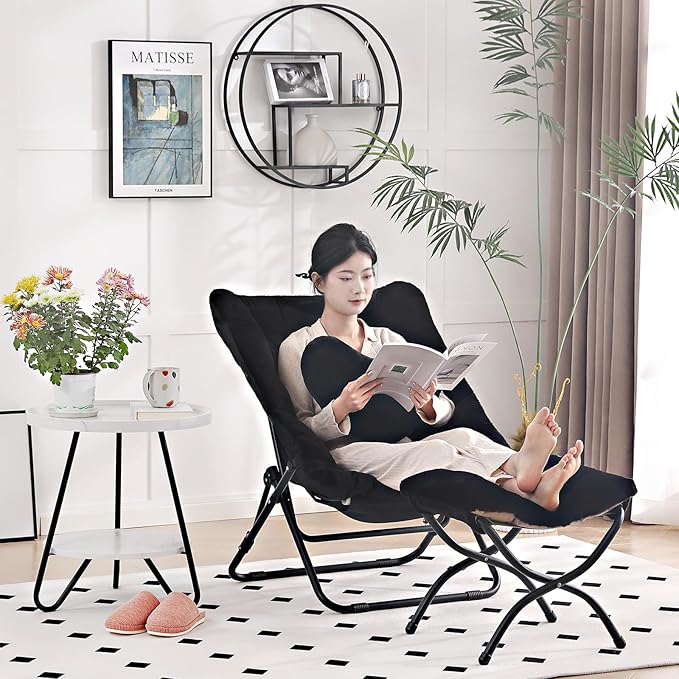 Comfy Saucer Chair with Ottoman, Oversized Folding Faux Fur Chair Soft Furry Lounge Lazy Chair with Metal Frame Moon Chair Accent Chair for Bedroom, Living Room, Dorm Rooms, Black