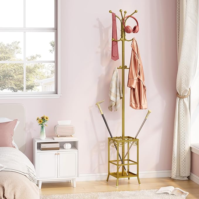 Hoctieon Coat Rack Freestanding, Coat Tree with Umbrella Holder, Metal Coat Rack Stand with 12 Hooks, Standing Coat Hanger Stand, Umbrella Stand for Entryway, Hat Rack Stand for Home Office, Gold