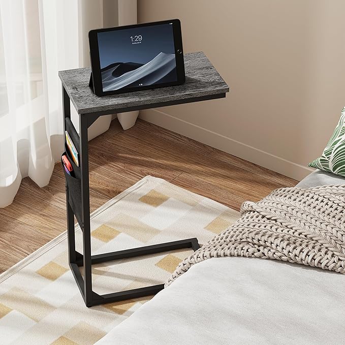 TUTOTAK C Shaped End Table, Side Table for Couch, Sofa Table with Storage Bag, TV Tray for Living Room, Bedroom, Charcoal Grey TB01BY082