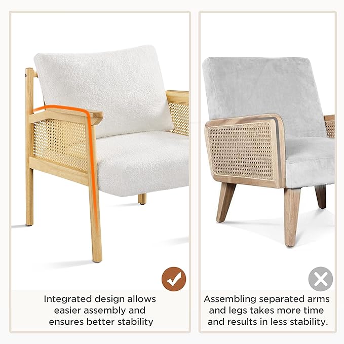 Yaheetech Accent Boucle Vanity Chair with Rattan Back Arms, Mid Century Upholstered Living Room Lounge Chair Bedroom Balcony White 2 PCS