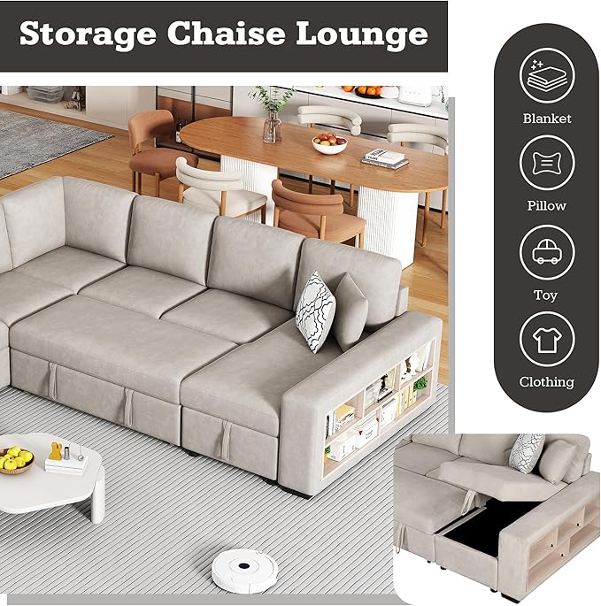 109" U-shaped Sectional Pull-out Sofa Bed with Storage Chaise,2-in-1 Convertible Couch W/ 4 Back Pillow & 2 USB Ports,Luxurious Sleeper Furniture Set for Living Room Large Space,Beige Chenille