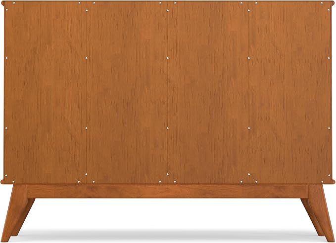 SIMPLIHOME Draper Console Table - 57 Inch Wide Solid Hardwood 8-Cube Sofa Table in Teak Brown, Mid-Century Modern Bookcase for Entryway or Living Room with 8 Open Storage Cubbies and Tapered Legs