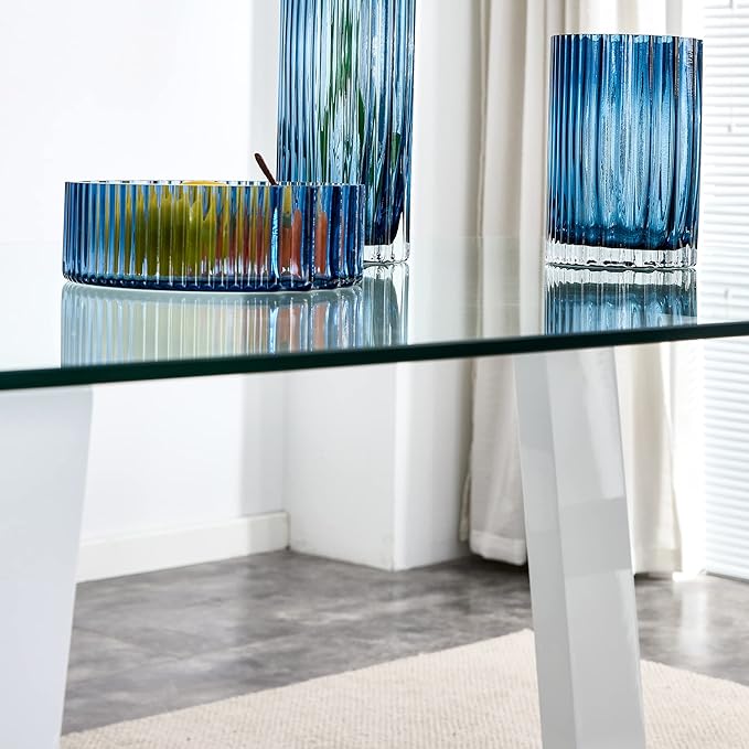 63" Modern Glass Dining Table with Rectangular Tempered Tabletop,Dinner Desk Set for 6-8 People W/Trapezoid Bracket,for Home,Kitchen,Dining Room,Office,White+Clear Finish