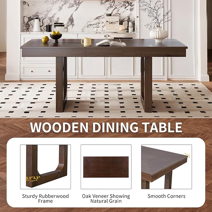 Merax 7 Piece Extendable Wooden Dining Table Set, Farmhouse Extendable with 18" Move Leaf, 78" Rustic and 6 Upholstered Chairs for Kitchen Room, Brown