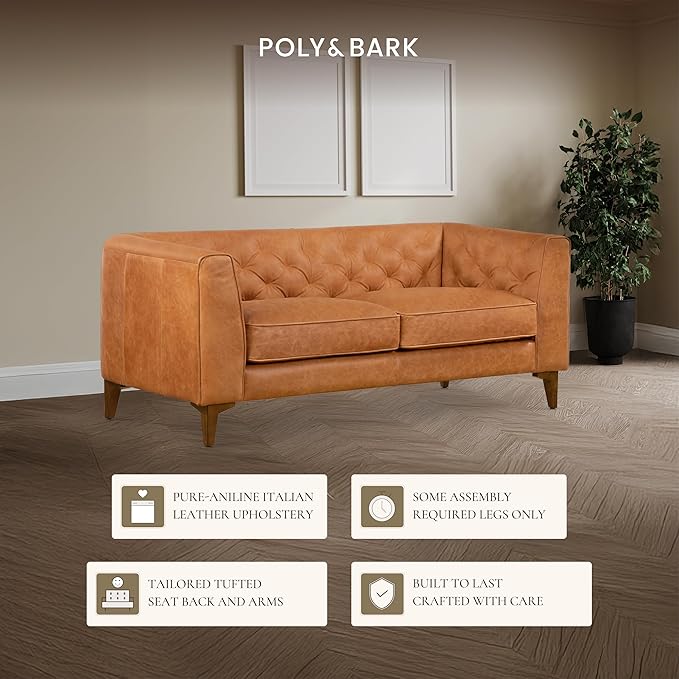 POLY & BARK 74” Essex Apartment Leather Couch - Apartment Sofa with Tufted Back - Full-Grain Leather Sofa for Living Room with Feather-Down Topper - Vintage Italian Leather in Cognac Tan
