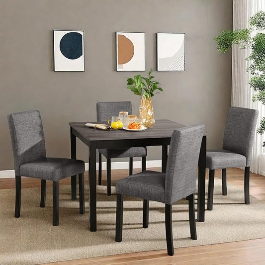 Dining Table Set for 4, 5-Piece Kitchen Table & Chairs Set with Square Wooden Table & 4 Upholstered Chairs, 29.8'' Dinner Set with Solid Wood Legs & Curved Backrest for Kitchen, Light Black