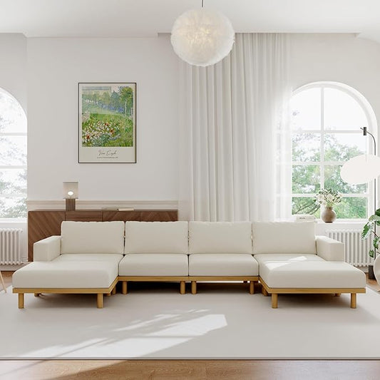 Acanva Minimalist Modular Sectional Sofa for Living Room, Wide & Deep Seat Convertible Furniture Set with Metal Frame and Movable Covers, U-Shaped Couch, Off White