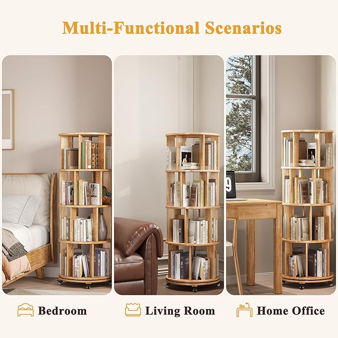 4 Tier Rotating Bookshelf Tower, 360 Spinning Bookcase Carousel with Lockable Wheels, Round Lazy Susan Organizer for Corner Bookshelf, Solid Wood Revolving Bookcase for Kids Room, Bedroom, Living Room