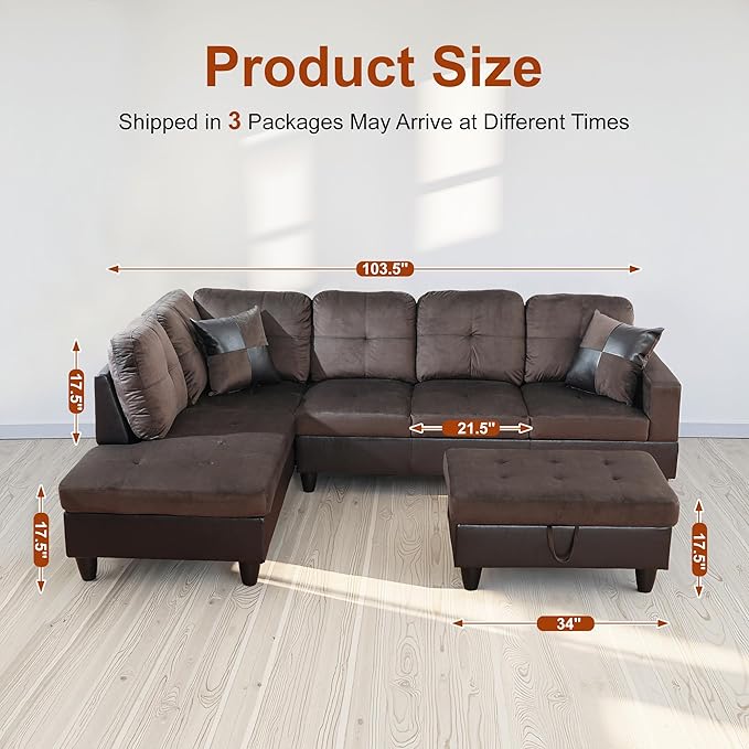 Osparple L Shaped Couch Sectional Couches for Living Room Upholstered Flannel 3 Pieces Modular Sectional Sofa with Chaise, Ottoman with Storage for Living Room and Small Apartment, Deep Brown