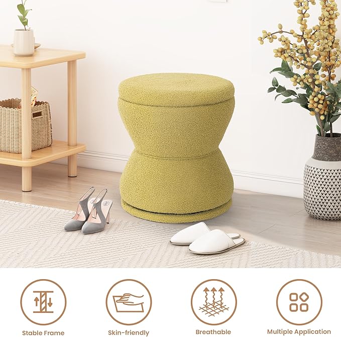 Ottoman with Storage, 360° Swivel Boucle Ottoman Vanity Stool, Upholstered Footstool with Storage Removable Lid, Modern Round Boucle Footrest Coffee Table for Living Room, Bedroom, Green
