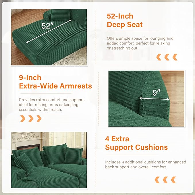 ERYE 79" Oversized Double Chaise Lounge Indoor Sleeper Recliner Sofabed with 4 Pillows, Fluffy Corduroy Loveseat Sleeper Chaise Daybed 2 Pieces Boneless Chair Sofa Bed for Living Room Bedroom Reading