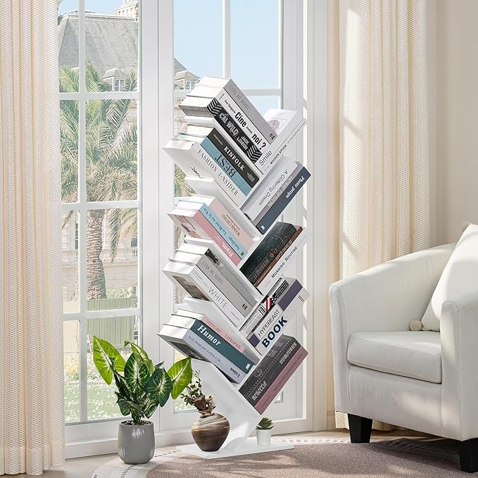 10 Tier Tree Book Shelf, Floor Standing Wood Bookshelf for Narrow Space, Storage Organizer Bookshelves for Books/CDs/Magazine, Bookcase with Shelves for Home Office, Living Room - White