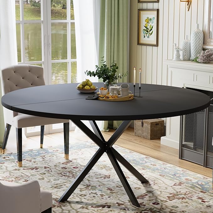 47.24" Round Dining Table for 4-6 Person, Round Kitchen Table with Wood Top, Circle Dinner Pedestal Tables with Metal Legs for Dining Room Kitchen (Black)