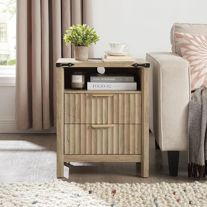 Fluted Nightstand with Charging Station Set of 2-20 Inch Wide Farmhouse Bedside Table with 2 Drawers, Modern Wood End Side Table for Bedroom Study Storage Sunwashed Ash Oak