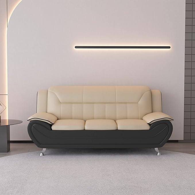 Container Furniture Direct Michael Modern Faux Leather Upholstered Stainless Steel Legs Living Room Sofa, Loveseat, Black Camel