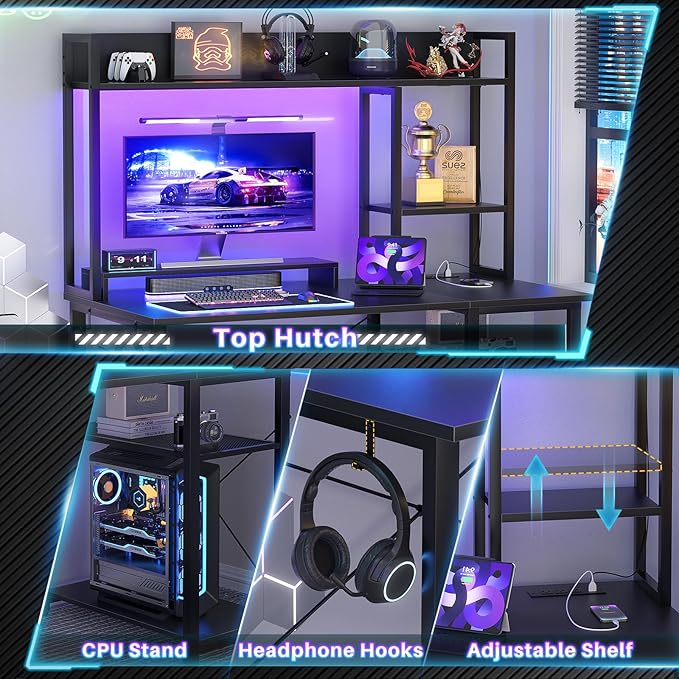 Cyclysio Gaming Desk with Hutch, 39'' Computer Desk with LED Lights & Power Outlets, Home Office Desk with Reversible 5 Tiers Storage Shelves & Monitor Stand, Small Gaming Table for Small Space, Black