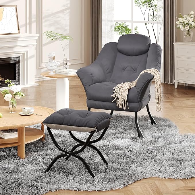 IDEALHOUSE Lazy Chair with Ottoman - Modern Living Room Chairs for Small Spaces, Ergonomic Reading Chair with Armrests, Comfy Chair with Ottoman for Bedroom & Living Room, Grey