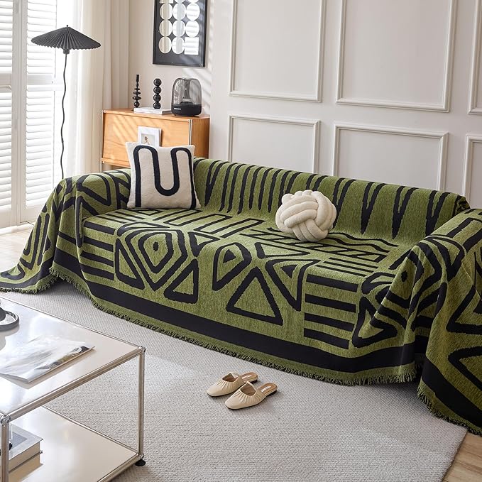 HANDONTIME Boho Geometric Couch Covers for Sofa Pet Friendly Avocado and Black Sofa Covers Washable Chenille Couch Blanket Cover for 3 4 Cushion Couches Pet Protector Furniture Cover Soft, 71" X 134"