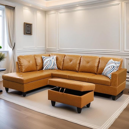Leather Sectional Couch, Modern L Shaped Couches for Living Room, Comfy 4 Seat Modular Sectional Sofa with Ottoman Storage for Bedroom Apartment, Orange