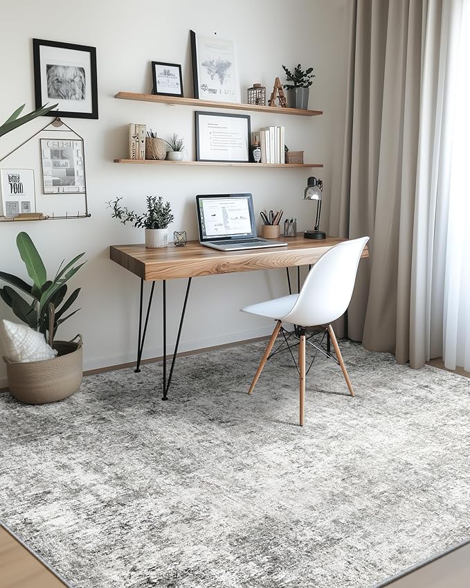 Washable Area Rugs 9'x12' Non-Slip Modern Abstract Soft for Living Room Entryway Bedroom Nursery, Print Pattern, Gray White Grey