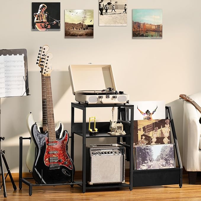 LELELINKY Record Player Stand, Black Adjustable Guitar Stand for Acoustic Guitar, Electric Guitar, Bass, Turntable Stand with Vinyl Display Shelf Storage Up to 150 Albums, End Table for Music Room