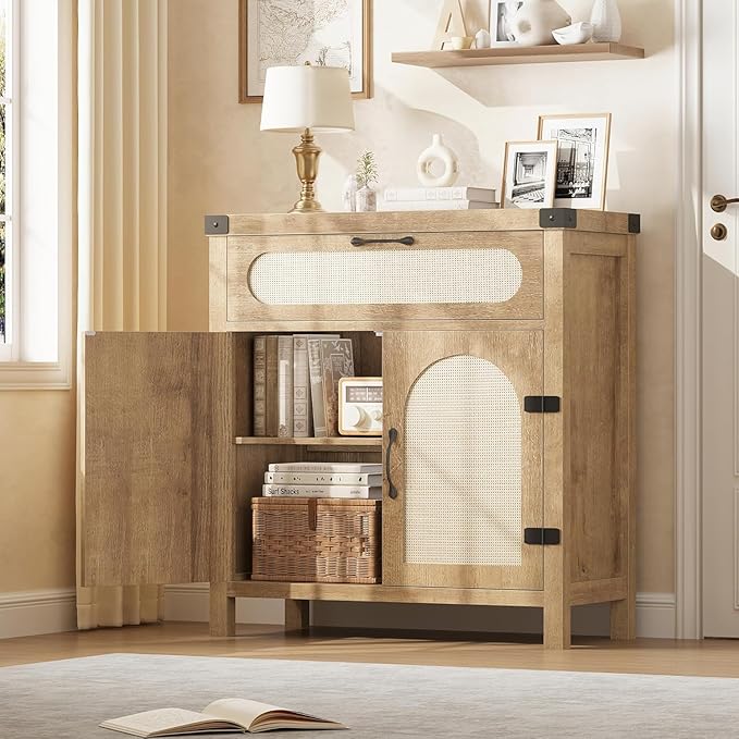 Garvee 29.9'' Small Rattan Buffet Cabinet with Storage, Kitchen Coffee Bar Cabinet with Doors and Drawer, Boho Farmhouse Sideboard with Adjustable Shelves and Handle for Living Room, Natural