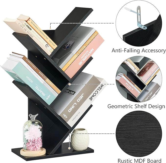 Hoctieon 4 Tier Tree Bookshelf, 4 Shelf Bookcase, Free Standing Tree Bookcase, Display Floor Standing Shelf for Books, Book Organizer Shelves for Home Office, Living Room, Bedroom, Black