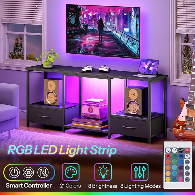 HOOBRO LED TV Stand with Storage, LED Entertainment Center with Open Shelves and Drawer, Fits TVs up to 55", Television Stand for Living Room, Bedroom, Black BB123DDS01