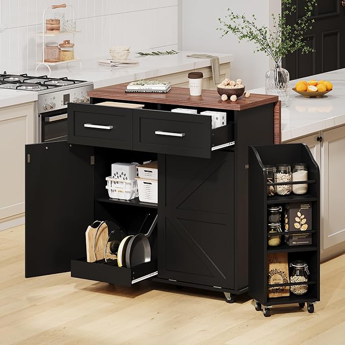Ball & Cast Farmhouse Kitchen Island with Drop Leaf,Rolling Kitchen Cart on 5 Wheels W/Removable Side Racks and 2 Drawers,Kitchen Storage Cart W/Towel Rack,for Kitchen,Dining Room,Black,47.2"