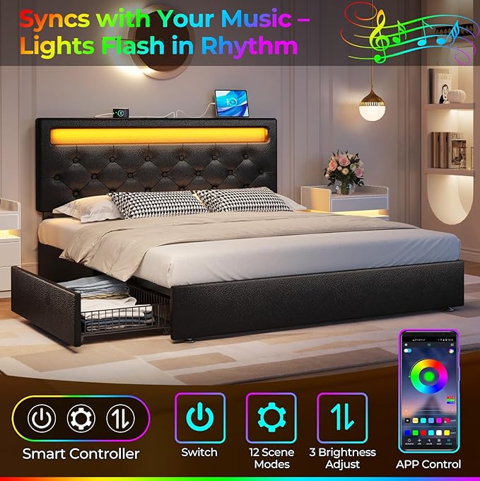 Rolanstar Twin Bed Frame with 4 Storage Drawers and Charging Station,Twin Bed with Led Lights, 2 USB & 1 Type C, Adjustable Headboard 38.9/40.8 Inches, No Box Spring Needed, Black