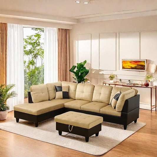 L Shaped Sectional Sofa with Ottoman, Color Blocking Flannel Leather Right Facing Modern Couches for Living Room, Bedroom, Office, Ginger Leather