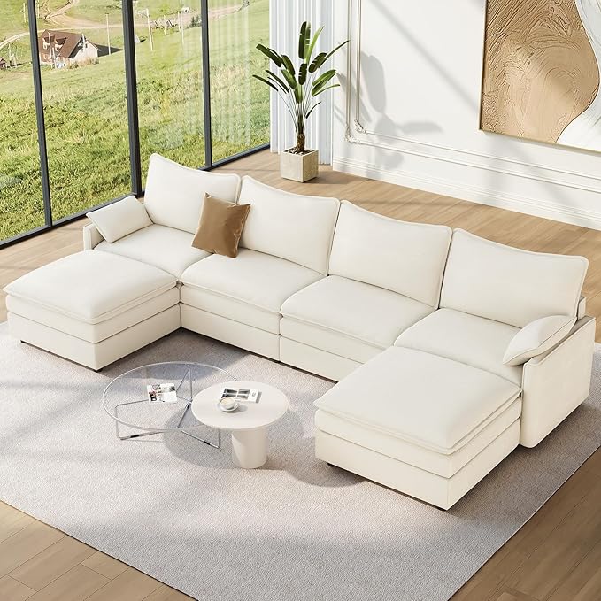 Vesgantti 142" U Shaped Sectional Couch, Comfy Cloud Modular Sectional Sofa with 2 Ottoman Deep Seat Chenille Modern Cloud Sofa, Modular Sofas for Living Room, Bedroom and Apartment, Snow White