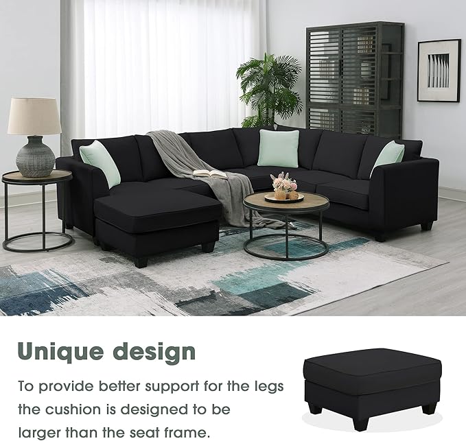 112" Upholstered Sectional Sofa Sets with Removable Ottoman, 7- Seater Modular Corner Couch with 3 Pillows for Livingroom, Office,Black