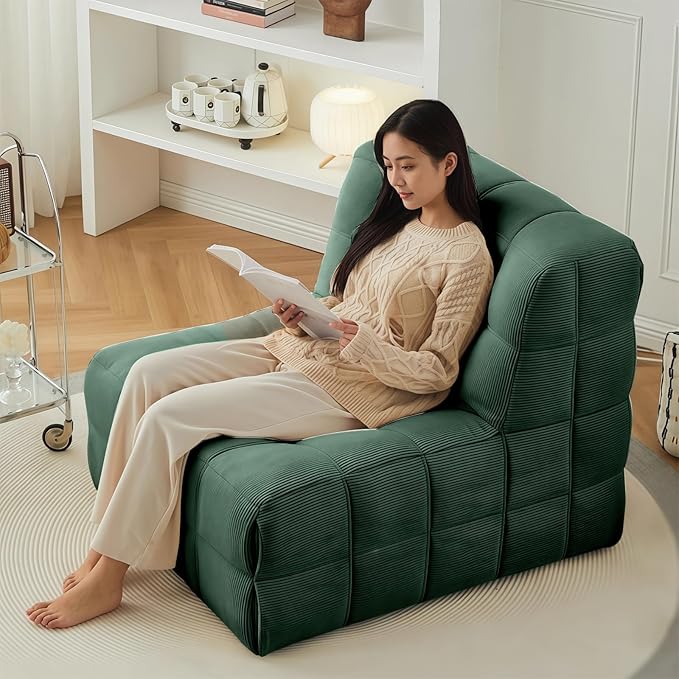 Bean Bag Chair - Memory Foam Bean Bag Chair for Adults, Comfy High-Resilience Single Sofa, Small Space Floor Chair, Chaise Lounge for Living Room, Bedroom (Dark Green, Square)