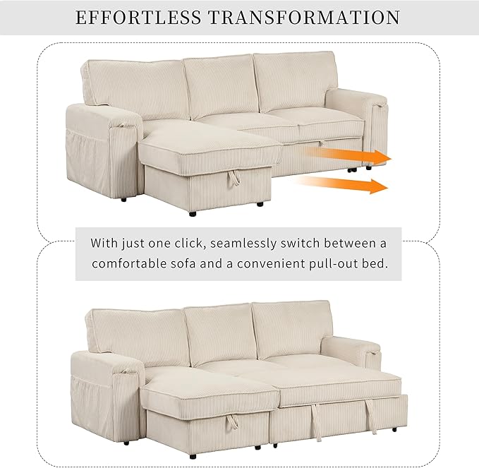 96.1 Inch L-Shaped Convertible Sectional Sleeper Sofa with Pull Out Bed, Storage Bags and 2 Hidden Cup Holders on Arms, Upholstered Corner Couch for Living Room Office Apartment, Beige