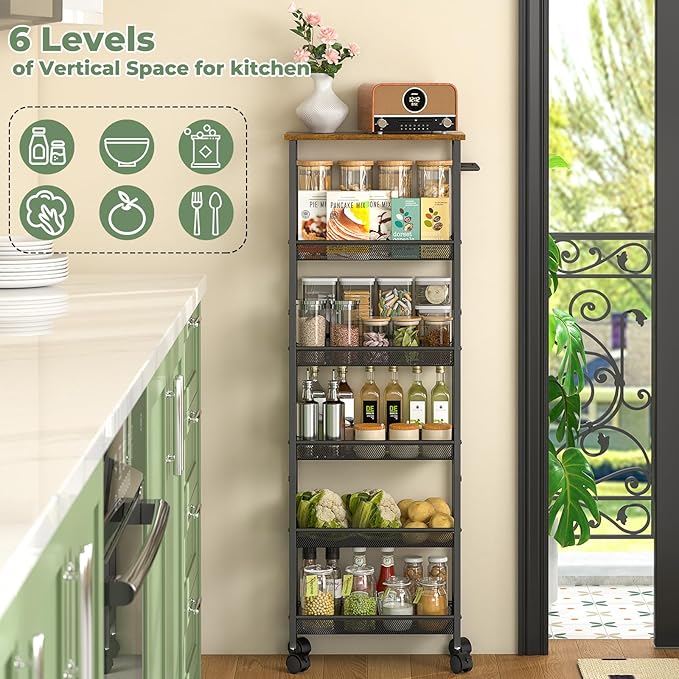 6 Tier Slim Storage Cart with Handle, Rolling Kitchen Laundry Room Storage Cart with Wooden Top, Narrow Metal Bathroom Trolley on Wheels for Small Space, Mobile Shelving Unit, 7.9in(W)