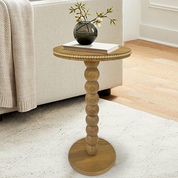 JUIOETURBoho Beaded Round Side Table - Handcrafted Small Accent Table for Small Spaces w/Solid Wood Leg - Drink Table for Living Room, Bedroom, Dorm, Office & Tight Corners (Nature)
