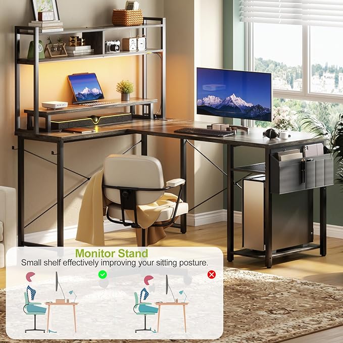 Small L Shaped Gaming Desk with Power Outlets, 48" Reversible L Shaped LED Computer Desk with Monitor Stand & Storage Shelf, Corner Gamer Desk Home Office Desk with Storage Bag, Black Oak
