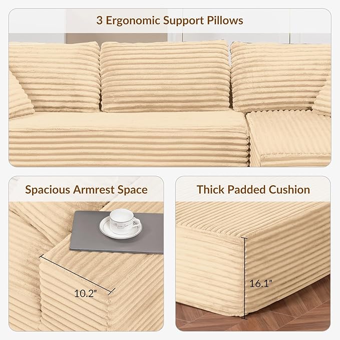 COMHOMA 105”Modular Sectional Sofa with Deep Seat,Cloud Upholstered L-Shape Couch Wide Arms Corduroy Fabric High-Density Foam Chaise Lounge for Living Room No Assembly Required