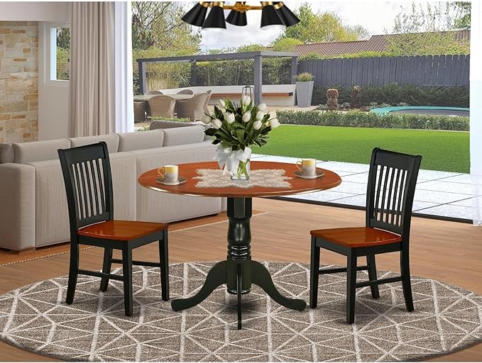 East West Furniture DLNO3-BCH-W 3 Piece Dining Room Table Set Contains a Round Dining Table with Dropleaf and 2 Wood Seat Chairs, 42x42 Inch, Black & Cherry