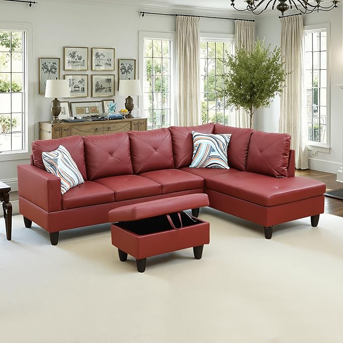 NicBex Sectional Couch 3 Pieces Sofa Set with Left Chaise Faux Leather L Shaped Cloud Couch for Living Room Furniture Sets with Storage Ottoman, Modular Sofa for Living Room & Apartment, Red