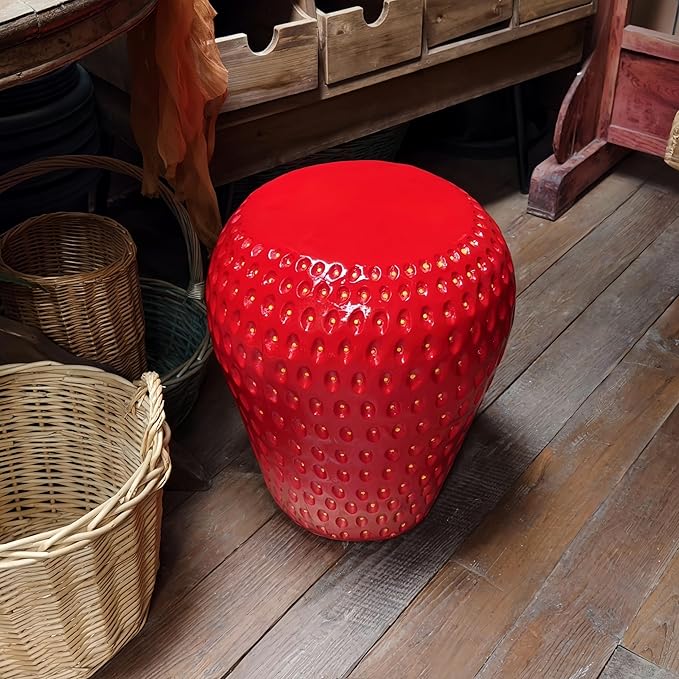 18" Red Strawberry Stool Statue Fruit-Inspired Side Table Indoor Outdoor Accent Seat Plant Stand MGO Garden Stool for Patio Balcony or Living Room Decor