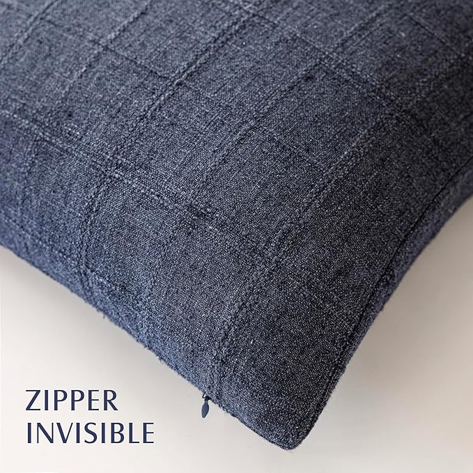 Foindtower Set of 2 Decorative Linen Check Throw Pillow Covers Neutral Farmhouse Vintage Cushion Covers Modern Boho Home Decor for Sofa Chair Couch Bedroom Living Room Outdoor,20×20 Inch,Navy Blue