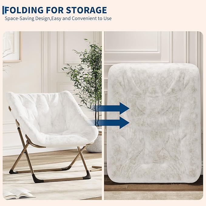 Comfy Chair for Adults, Foldable Living Room Chairs, Soft Faux Fur Folding Lounge for Bedroom Living Room Dorm Rooms, Flexible Reading Chair for Teens (2, White, X-Large)