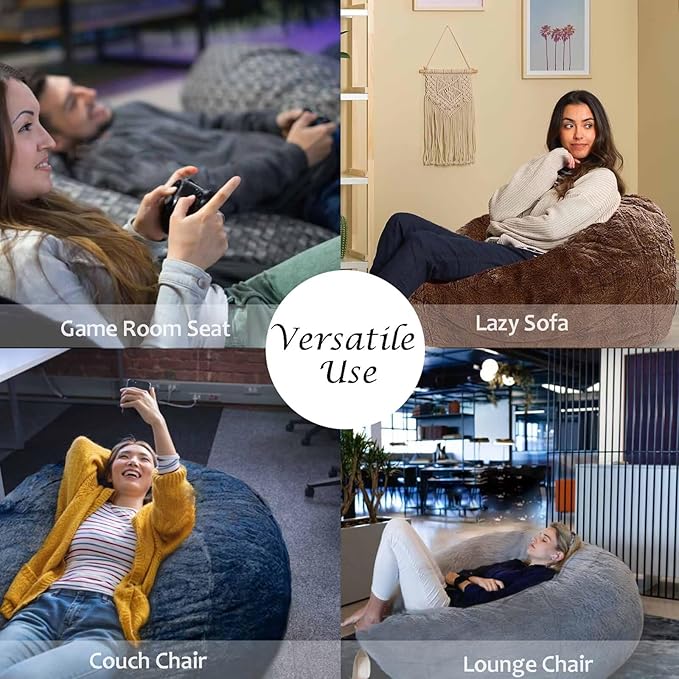 BCU Oversized Bean Bag Cover Comfy Beanbag Chair for Adults Without Filler Faux Fur Floor Chair Lazy Sofa Cover Comfy for Living Room Chairs, Blue, 5FT