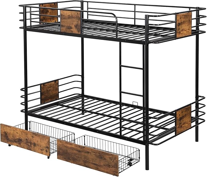 Twin XL Over Twin XL Metal Bunk Bed with MDF Board Guardrail,an Integrated Ladder,Full-Length Guardrails and Two Storage Drawers,Industrial Modern bunk-Bed,No Box Spring Needed,Black