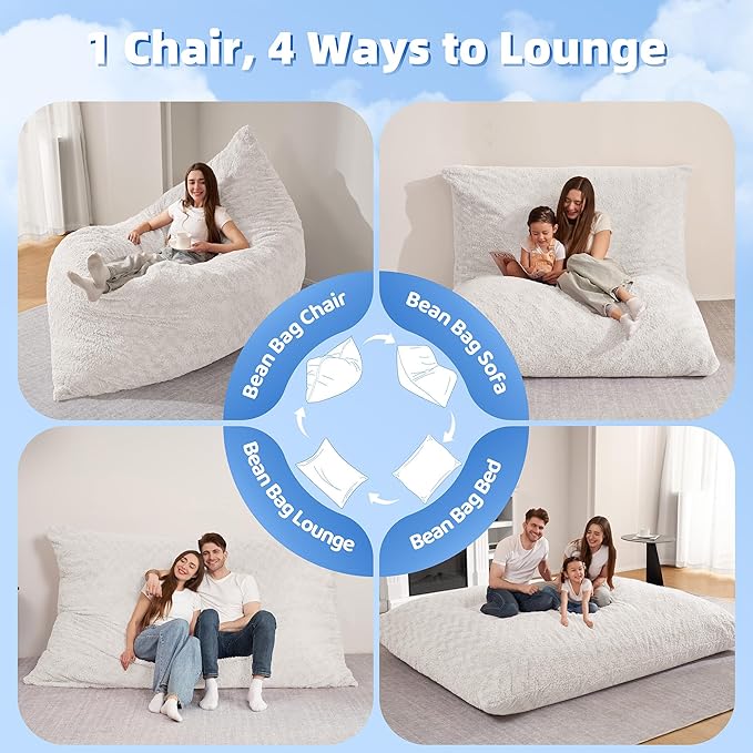 HABUTWAY 4 in 1 Bean Bag Chair, Giant Memory Foam Filling Bean Bag Sofa, Adult Bean Bag Chair, Machine Washable Faux Fur Cover, Bean Bag for Adult (White)