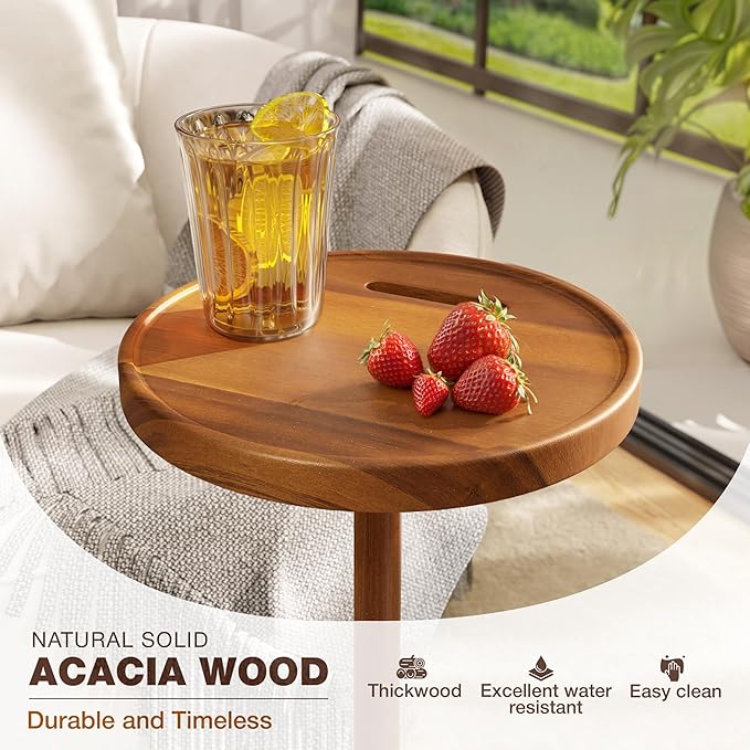 Drink Table, 24.4" Tall Compact Side Table with Phone Slot and Weighted Base, Durable Pedestal Table Accent for Living Room (Stepped Base, Acacia)