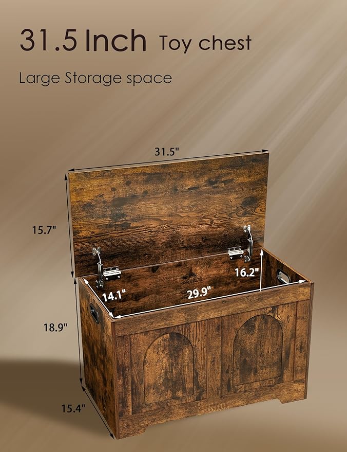 DINZI LVJ Storage Chest, 31.5”Wooden Storage Box with 2 Safety Hinges, Entryway Shoe Bench with Flip-Top, Sturdy Trunk for Living Room, Bedroom, Easy Assembly, Rustic Brown
